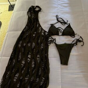 Chic olive green Mesh Cover-Up with Bikini Set